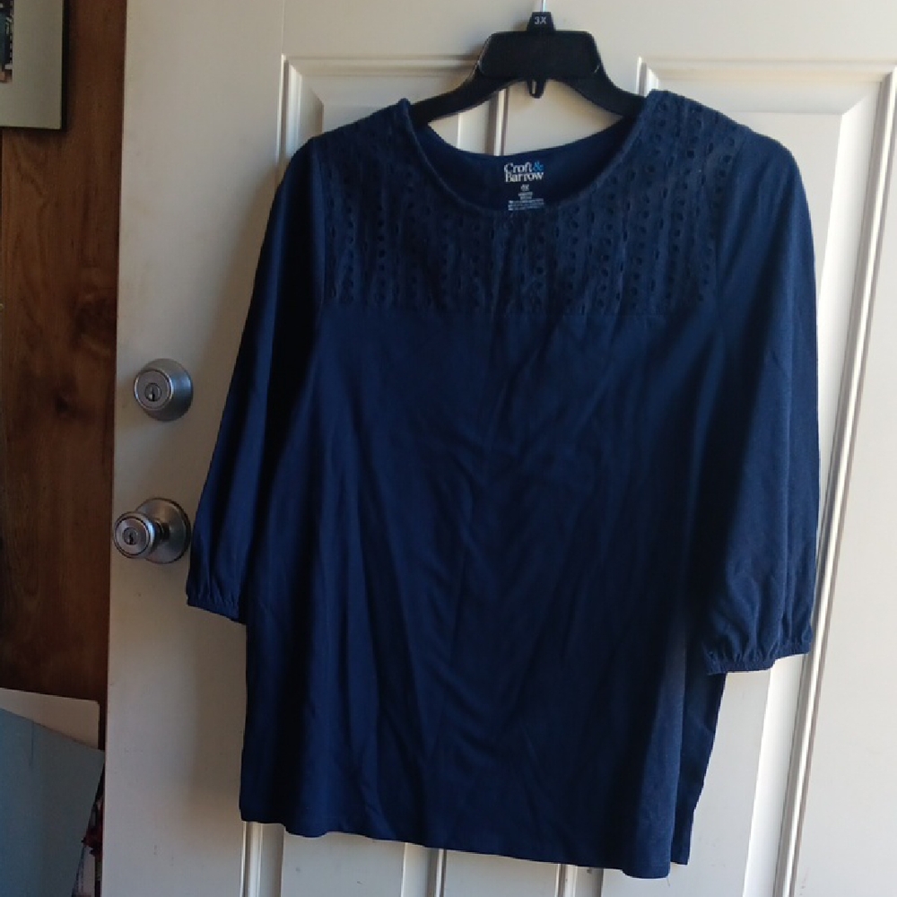 croft & barrow Navy Eyelet Yoke Long Sleeve Top